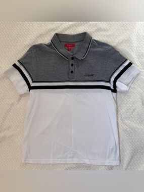 GUESS Grey, White and Black Stripe Colorblock Polo